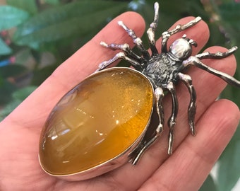 Statement amber spider pendant oversized huge sterling silver