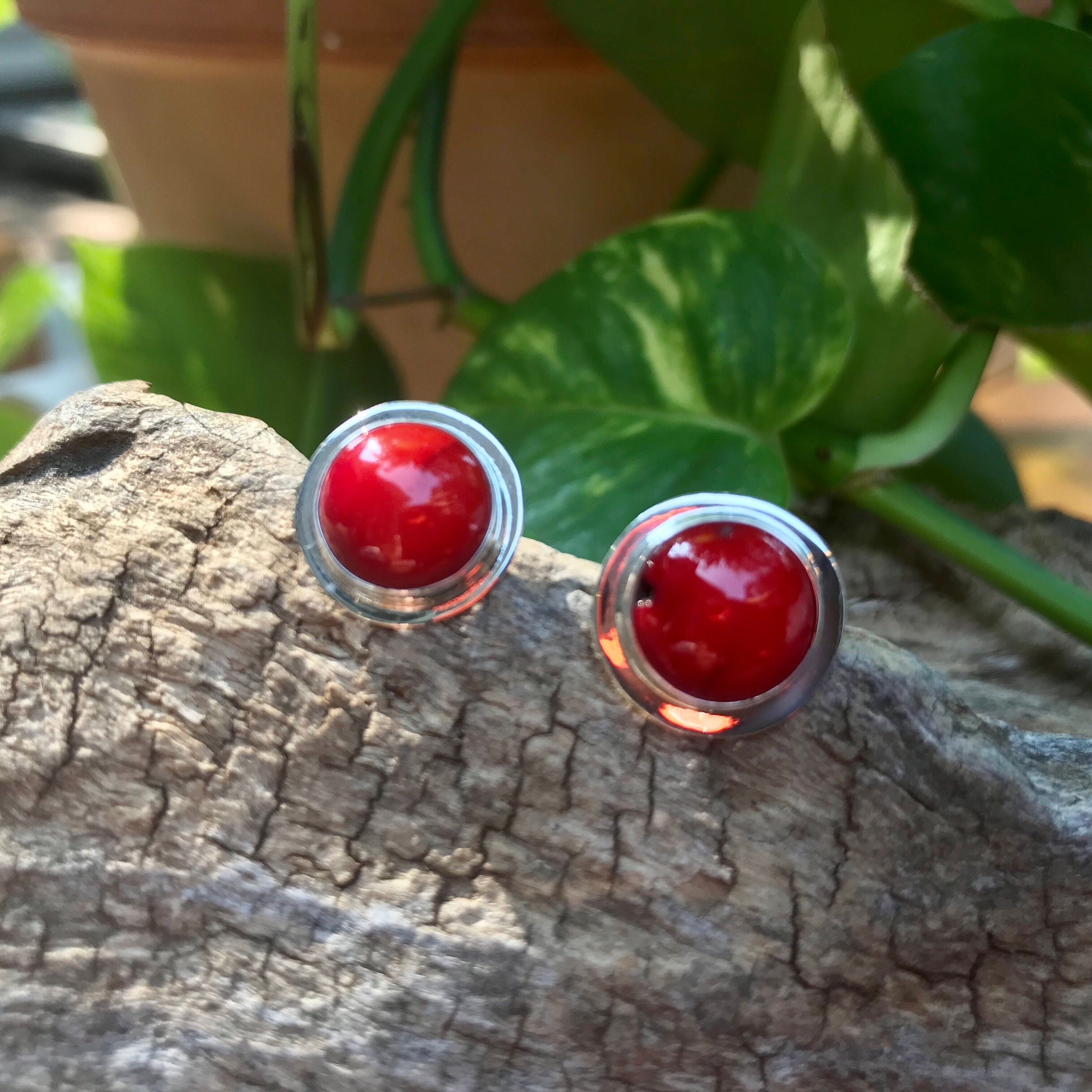 Red coral shop stud earrings