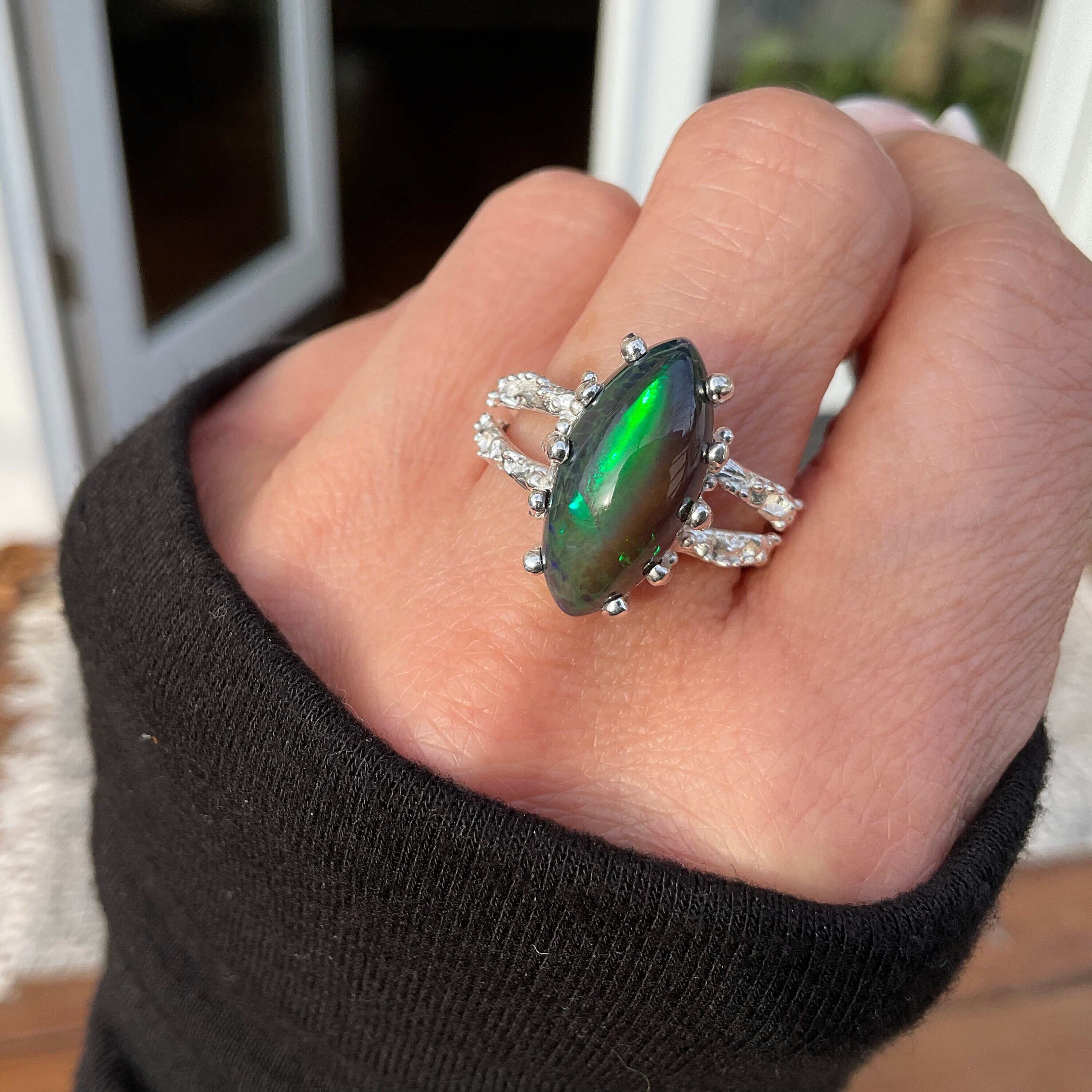 Sterling Silver Natural Black Fire Opal Marquis Etnika Band Ring