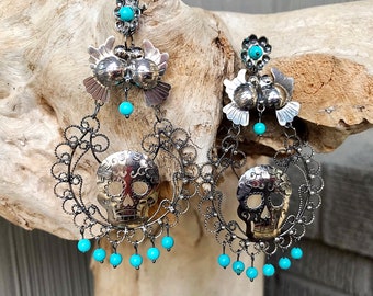 sterling silver Turquoise Skull Filigree Statement Earrings Love birds