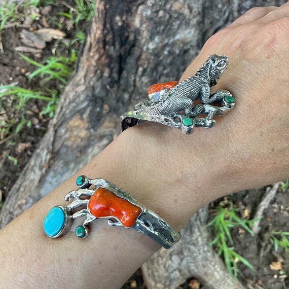 Turquoise Sterling Statement coral iguana twig cu… - image 9
