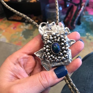 Sterling silver black fire opal brutalist abstract bolo tie necklace