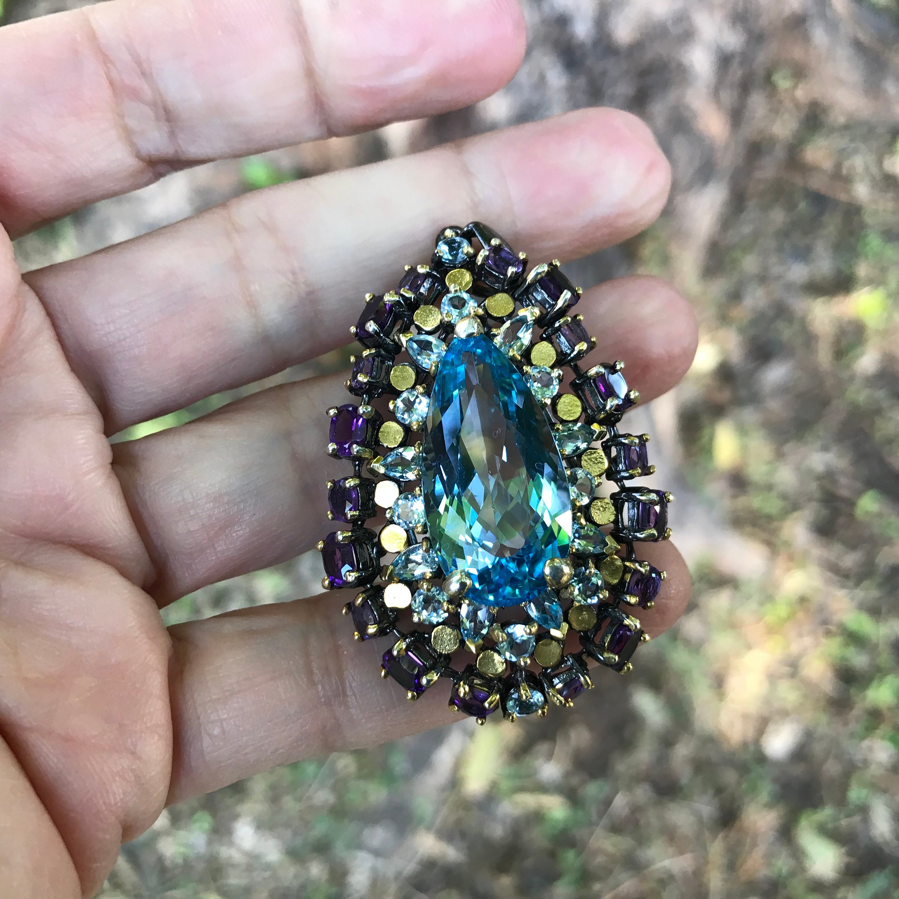 Collier Ancien En Argent Massif Avec Améthyste Et Topaze Bleue Mystique - Bijou Vintage Occasion