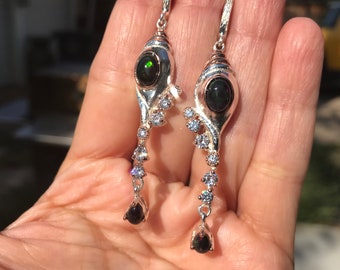sterling silver black opal modernist earrings