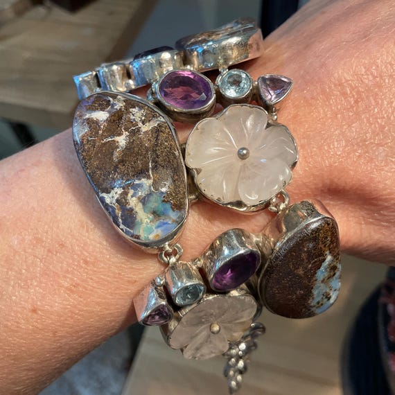 sterling silver boulder Opal blue topaz amethyst quartz bracelet