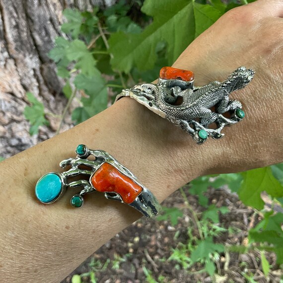 Turquoise Sterling Statement coral iguana twig cu… - image 4
