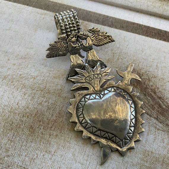 Sterling Silver Flame Sacred Heart Angels Huge Pendant Custom Bail