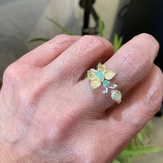 Sterling Silver Butterfly Natural Opal Emerald Adjustable Open