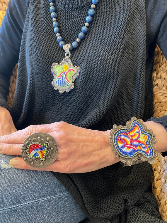 Sterling Silver beaded statement ring bohemian tu… - image 9