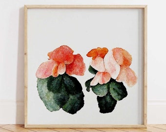 Minimalist Begonia Floral Art, Earth Tone Wall Art, Abstract Flower Decor, That Girl Vibe Bedroom Aesthetic Watercolor Risograph Print Style