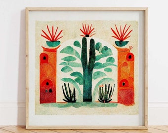 Abstract Terracotta Cactus Art, Mid Century Earth Tone Desert Decor, Boho Aesthetic Calming Wall Art, Zen Watercolor Risograph Print Style