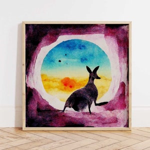Kangaroo Print, Safari Nursery Decor, Australian Adventure Nursery, Surreal Maximalist Decor, Abstract Watercolor Risograph Print Style image 1