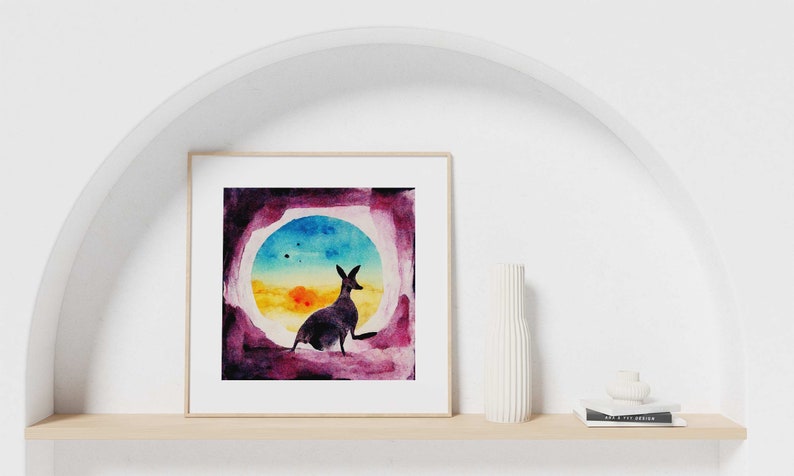 Kangaroo Print, Safari Nursery Decor, Australian Adventure Nursery, Surreal Maximalist Decor, Abstract Watercolor Risograph Print Style image 4