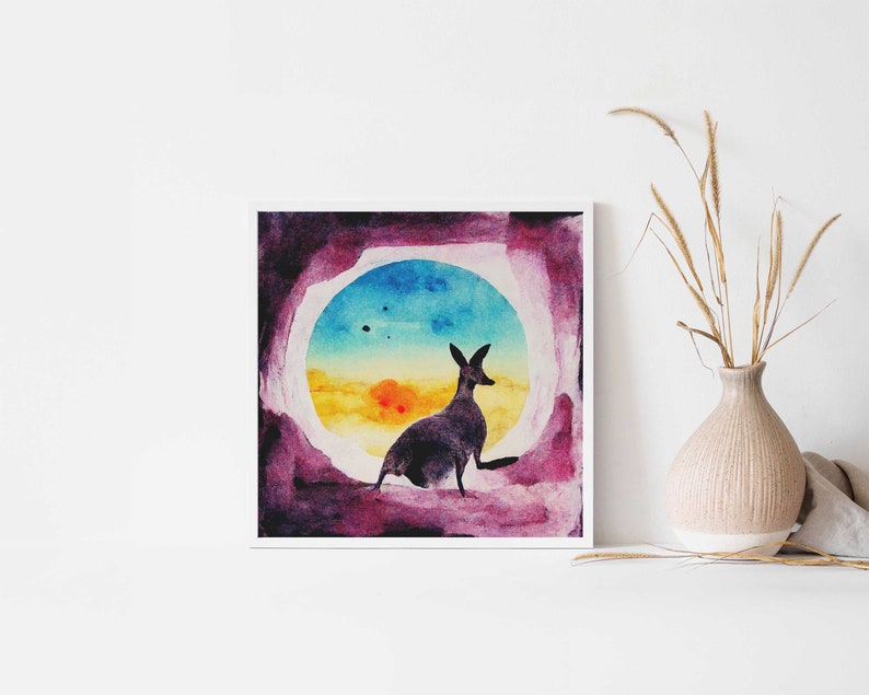 Kangaroo Print, Safari Nursery Decor, Australian Adventure Nursery, Surreal Maximalist Decor, Abstract Watercolor Risograph Print Style image 6