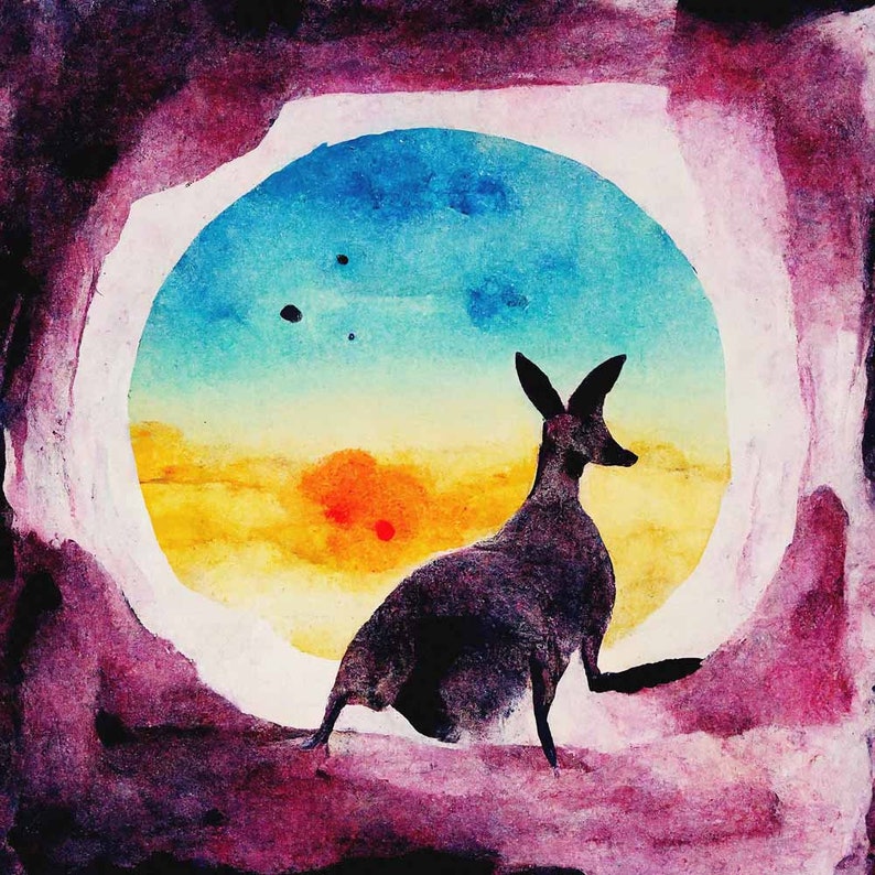 Kangaroo Print, Safari Nursery Decor, Australian Adventure Nursery, Surreal Maximalist Decor, Abstract Watercolor Risograph Print Style image 2