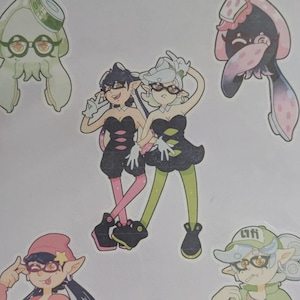 イカ娘ステッカーシート – 光沢キャラ＆マリーステッカー5枚セット | スプラトゥーンファンアート、キュートなゲーマー向けデカールセット、Nintendo Switchアクセサリー