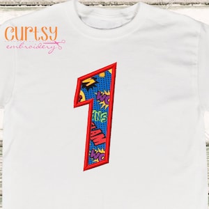 One Applique Design, 1 Applique Design, Comic Book Font Number, First Birthday Embroidery Design, Super Hero Applique