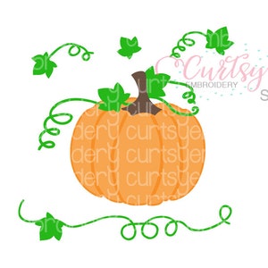 May include: A digital design of an orange pumpkin with green vines and leaves. The design is perfect for fall crafts and decorations.