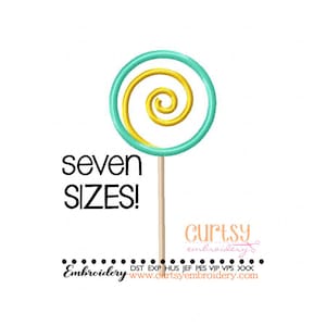 May include: A turquoise and yellow lollipop embroidery design with the text "seven SIZES!" and the website address "www.curtsyembroidery.com".