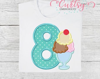 Ottavo compleanno Gelato Sundae Applique Design / 8 ° Compleanno Gelato Applique / Gelato Applique Ricamo Design / Estate Applique