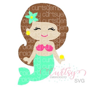 May include: A cartoon mermaid with brown hair, a green tail, and a pink seashell bra. She has a yellow flower in her hair and is holding a yellow seashell.