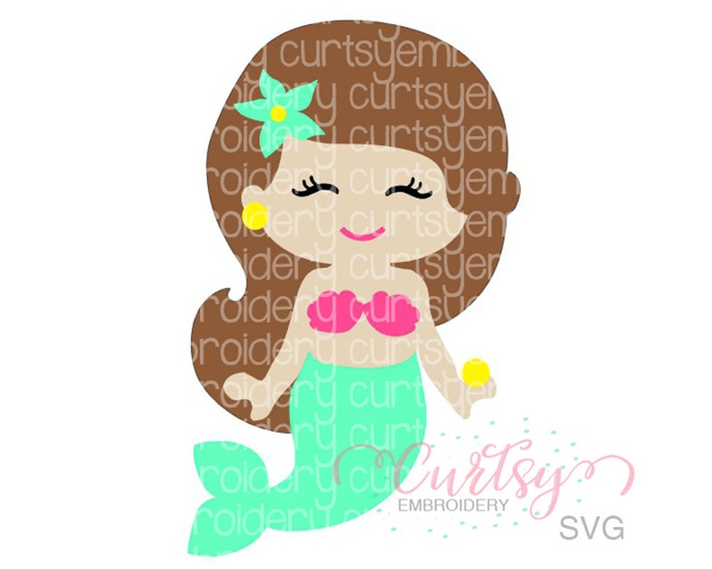 May include: A cartoon mermaid with brown hair, a green tail, and a pink seashell bra. She has a yellow flower in her hair and is holding a yellow seashell.