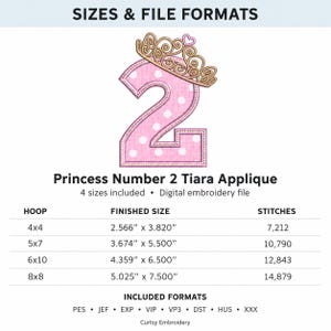 May include: A digital embroidery file titled Princess Number 2 Tiara Applique featuring a pink polka dot number two with a gold tiara. The image includes a table listing four hoop sizes, finished sizes in inches, and stitch counts.