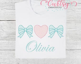 Diseño de bordado de corazón con lazo / Aplique de lazo de San Valentín / Bordado de trío de corazones / Diseño de bordado de niña / Bordado a máquina para bebés y boutiques