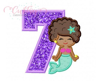 Mermaid Birthday Embroidery Design / Mermaid Applique Design / Mermaid Birthday / 7th Birthday Mermaid / 7th Birthday Applique / Afro Hair