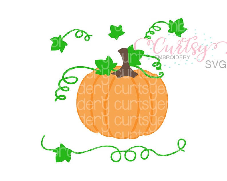 May include: A digital design of an orange pumpkin with green vines and leaves. The design is perfect for fall crafts and decorations.