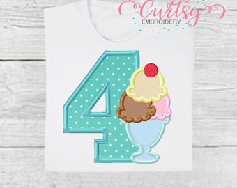 Quarto compleanno Gelato Sundae Applique Design / 4 ° Compleanno Gelato Applique / Gelato Applique Ricamo Design / Estate Applique