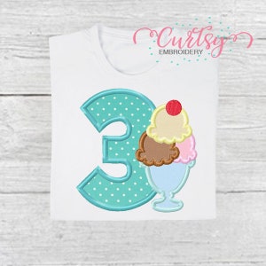 Third Birthday Ice Cream Sundae Applique Design / 3rd Birthday Ice Cream Applique / Ice Cream Applique Embroidery Design / Summer Applique