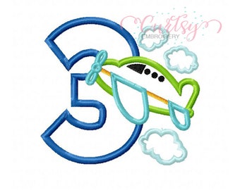 3er cumpleaños avión aplique diseño / avión bordado / avión aplique / avión aplique / bordado diseño para niños / tercer cumpleaños