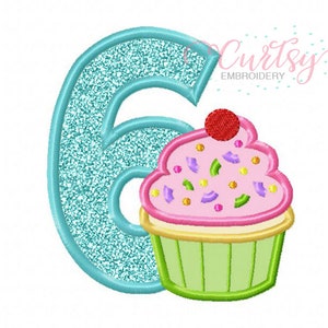 Cupcake Applikation Design / Cupcake Applikation Stickerei Design / 6. Geburtstag Applikation Design / sechsten Geburtstag Maschine Stickerei