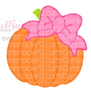 May include: A bright orange pumpkin with a pink bow on top. The pumpkin has a stem and is outlined in black.