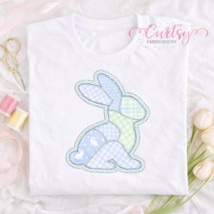 Boy Bunny Applique Embroidery File, Easter Bunny Shirt Design, Patchwork Baby Boy Easter Embroidery, Blanket Stitch Bunny