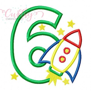 Rocket Embroidery Design / 6th Birthday Embroidery / 6th Birthday Space / Rocket Ship Applique Design / Outer Space Birthday Embroidery