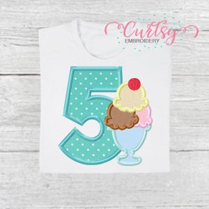 Fifth Birthday Ice Cream Sundae Applique Design / 5th Birthday Ice Cream Applique / Ice Cream Applique Embroidery Design / Summer Applique