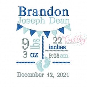 Baby Birth Announcement Embroidery Design / Newborn Stats Embroidery Template / New Baby Announcement Block Embroidery for Boys