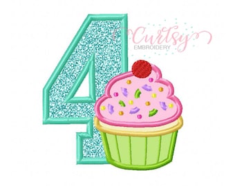 Cupcake Applique Design / Cupcake Applique Embroidery Design / 4th Birthday Applique Design / Fourth Birthday Machine Embroidery