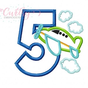 5th Birthday Airplane Applique Design / Plane Embroidery / Plane Applique / Airplane Applique / Embroidery Design for Boys / Fifth Birthday