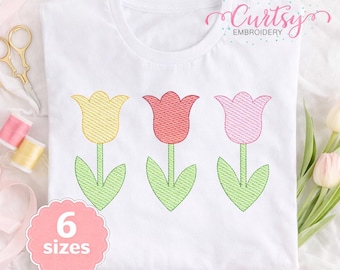 Tulpen Trio Schnellstich Stickdatei | Frühling Tulpen Stickdatei | Vintage Sketch Stitch Blumen | Oster-Stickdatei