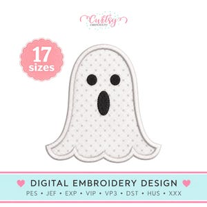 May include: A digital embroidery design featuring a white ghost with a gray polka dot pattern, two black circular eyes, and an oval black mouth. The design includes a pink badge stating 17 sizes and text reading Digital Embroidery Design.
