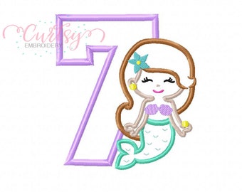 Mermaid Birthday Embroidery Design / Mermaid Applique Design / 7th Birthday Mermaid Applique / Mermaid Embroidery / Seventh Birthday