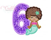 Mermaid Birthday Embroidery Design / Mermaid Applique Design / Mermaid Birthday / 6th Birthday Mermaid / 6th Birthday Applique / Afro Hair