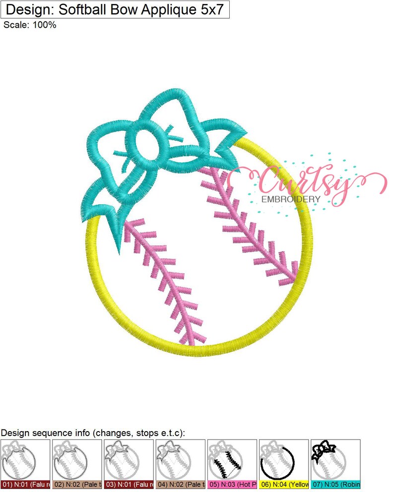 Softball Embroidery Design / Softball Applique / Softball Bow Etsy