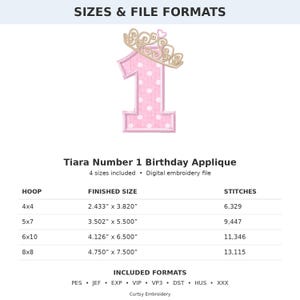 May include: A digital embroidery file for a Tiara Number 1 Birthday Applique. The design features a pink number one with white polka dots topped by a gold tiara. A table lists four hoop sizes with finished dimensions in inches.
