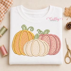 May include: A white sweatshirt featuring an embroidered design of three pumpkins. The left pumpkin is orange with a gingham pattern, the centre is cream with a dotted texture, and the right is pink with a floral print. The text Curtsy Embroidery is visible.