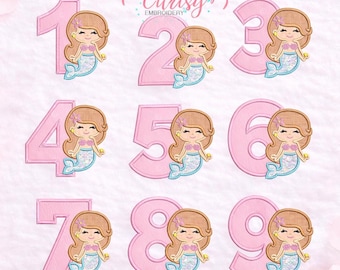 Conjunto de diseño de bordado de sirena / Diseño de aplique de sirena / Diseño de bordado de cumpleaños de sirena / Aplique de cumpleaños de sirena / Paquete de cumpleaños