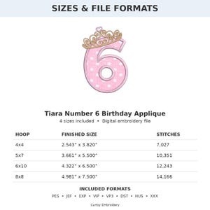 May include: A digital embroidery file for a Tiara Number 6 Birthday Applique. The design features a pink number 6 with white polka dots topped with a gold tiara. A table lists four hoop sizes with finished dimensions from 2.543" x 3.820" to 4.981" x 7.500".